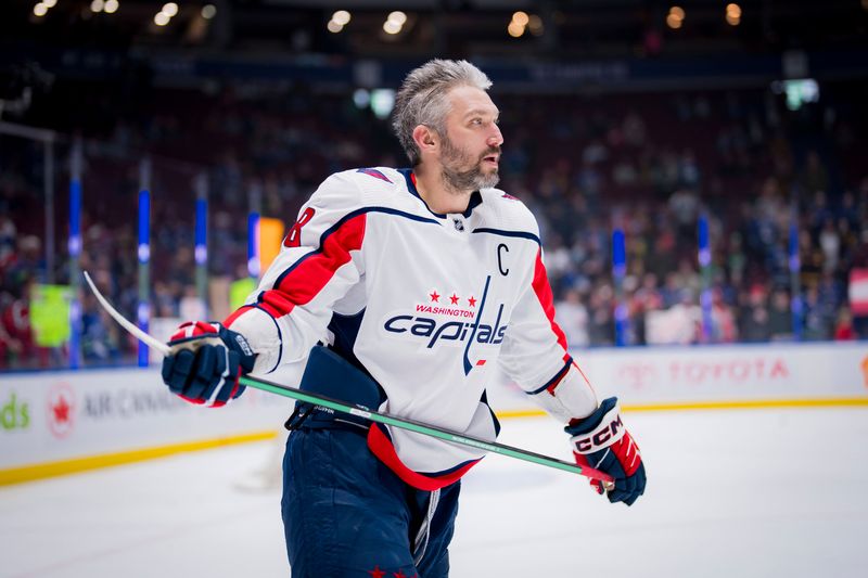 Mar 16, 2024; Vancouver, British Columbia, CAN; Washington Capitals forward Alex Ovechkin (8) skates during warm up prior to a game against the Vancouver Canucks at Rogers Arena.  Mandatory Credit: Bob Frid-USA TODAY Sports