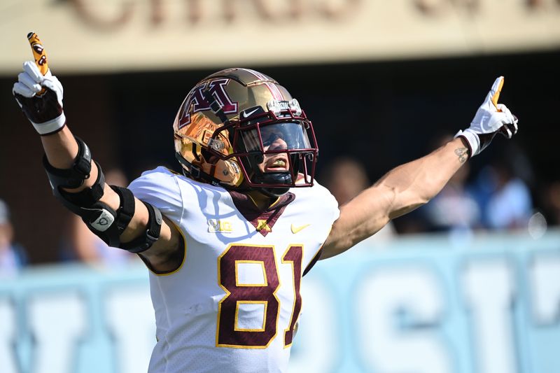 Sep 16, 2023; Chapel Hill, North Carolina, USA;  Minnesota Golden Gophers wide receiver Quentin Redding (81) on the field in the second quarter at Kenan Memorial Stadium. Mandatory Credit: Bob Donnan-USA TODAY Sports