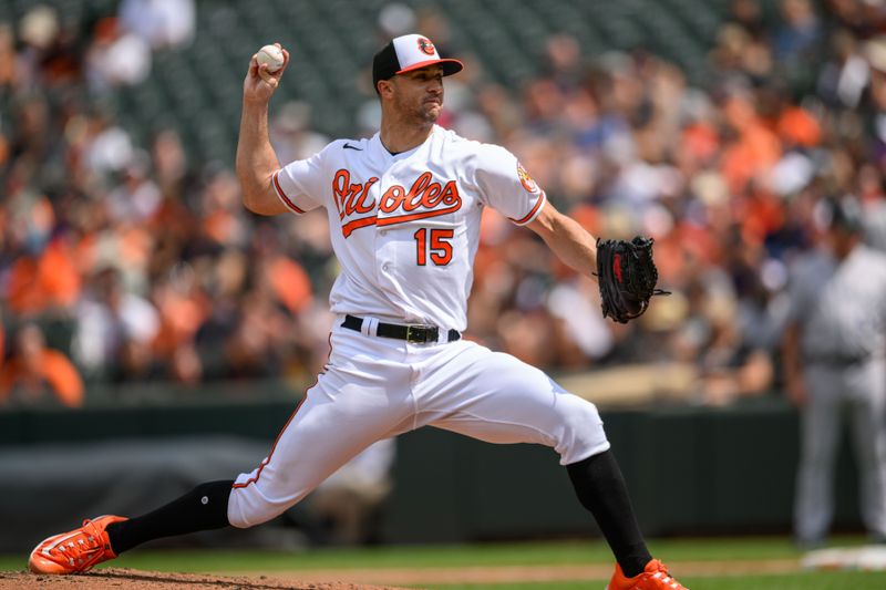 Aug 27, 2023; Baltimore, Maryland, USA; Baltimore Orioles starting pitcher Jack Flaherty (15) throws a pitch during the second inning against the Colorado Rockies at Oriole Park at Camden Yards. Mandatory Credit: Reggie Hildred-USA TODAY Sports