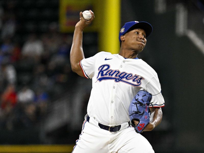 Jun 3, 2024; Arlington, Texas, USA; Texas Rangers relief pitcher Jose Leclerc (25) pitches against the Detroit Tigers during the seventh inning at Globe Life Field. Mandatory Credit: Jerome Miron-USA TODAY Sports