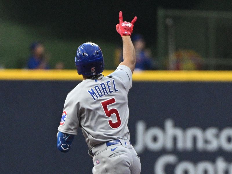 Sep 30, 2023; Milwaukee, Wisconsin, USA; Chicago Cubs second baseman Christopher Morel (5) rounds the bases after hitting a home run in the first inning against the Milwaukee Brewers at American Family Field. Mandatory Credit: Michael McLoone-USA TODAY Sports