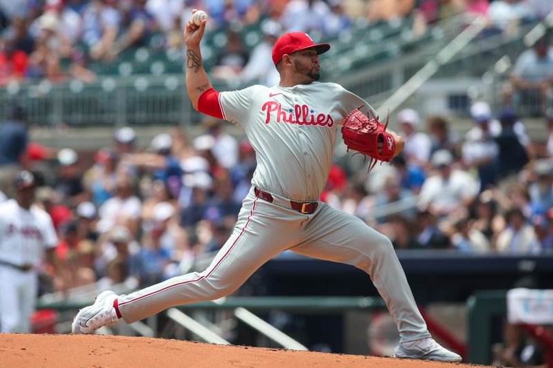 Jul 7, 2024; Atlanta, Georgia, USA; Philadelphia Phillies pitcher Jose Ruiz (66) throws against the Atlanta Braves in the second inning at Truist Park. Mandatory Credit: Brett Davis-USA TODAY Sports