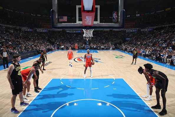 OKLAHOMA CITY, OK - DECEMBER 11: Shai Gilgeous-Alexander #2 of the Oklahoma City Thunder prepares to shoot a free throw during the game against the Utah Jazz on December 11, 2023 at Paycom Arena in Oklahoma City, Oklahoma. NOTE TO USER: User expressly acknowledges and agrees that, by downloading and or using this photograph, User is consenting to the terms and conditions of the Getty Images License Agreement. Mandatory Copyright Notice: Copyright 2023 NBAE (Photo by Zach Beeker/NBAE via Getty Images)