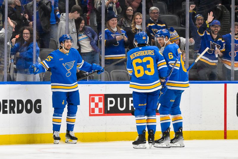 Nov 28, 2025; St. Louis, Missouri, USA; St. Louis Blues right wing Jordan Kyrou (25) celebrates with left wing Jake Neighbours (63) and defenseman Philip Broberg (6) after scoring against the Ottawa Senators during the third period at Enterprise Center. Mandatory Credit: Jeff Curry-Imagn Images