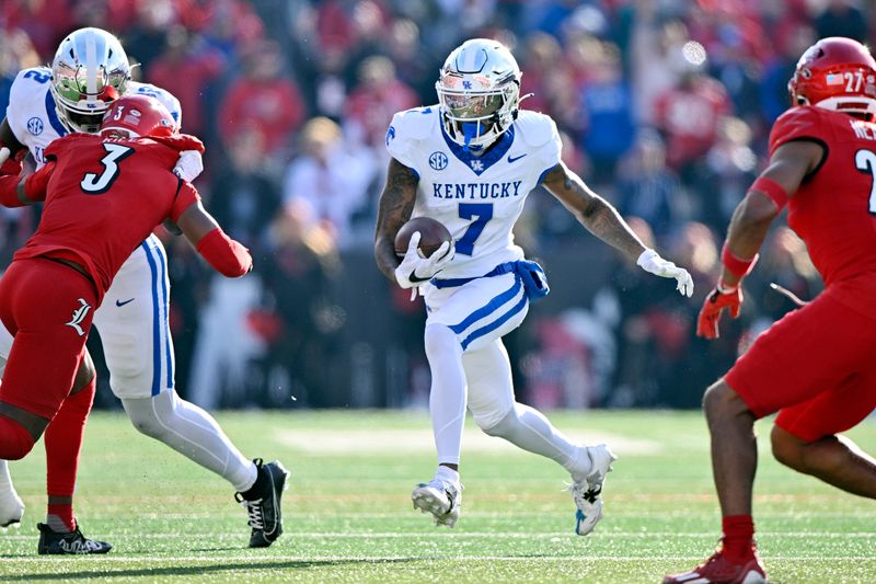 Nov 25, 2023; Louisville, Kentucky, USA; Kentucky Wildcats wide receiver Barion Brown (7) runs the ball against the Louisville Cardinals during the second half at L&N Federal Credit Union Stadium. Kentucky defeated Louisville 38-31. Mandatory Credit: Jamie Rhodes-USA TODAY Sports