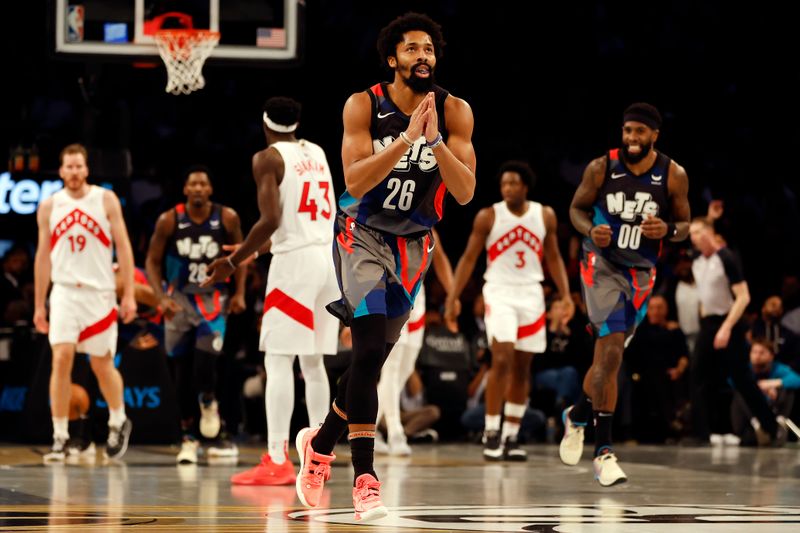 NEW YORK, NEW YORK - NOVEMBER 28: Spencer Dinwiddie #26 of the Brooklyn Nets reacts after scoring during the first half of an NBA In-Season Tournament game against the Toronto Raptors at Barclays Center on November 28, 2023 in the Brooklyn borough of New York City. NOTE TO USER: User expressly acknowledges and agrees that, by downloading and/or using this photograph, User is consenting to the terms and conditions of the Getty Images License Agreement. (Photo by Sarah Stier/Getty Images)