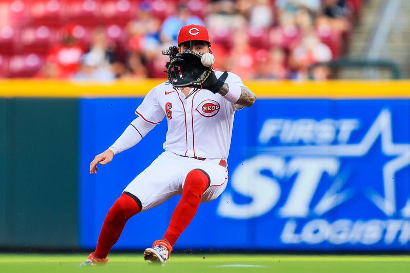 Aug 14, 2024; Cincinnati, Ohio, USA; Cincinnati Reds second baseman Jonathan India (6) grounds the ball hit by St. Louis Cardinals first baseman Paul Goldschmidt (not pictured) in the second inning at Great American Ball Park. Mandatory Credit: Katie Stratman-USA TODAY Sports