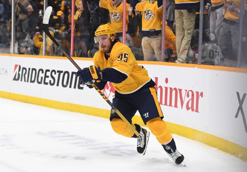 Jan 21, 2023; Nashville, Tennessee, USA; Nashville Predators center Matt Duchene (95) celebrates after a goal during the third period against the Los Angeles Kings at Bridgestone Arena. Mandatory Credit: Christopher Hanewinckel-USA TODAY Sports