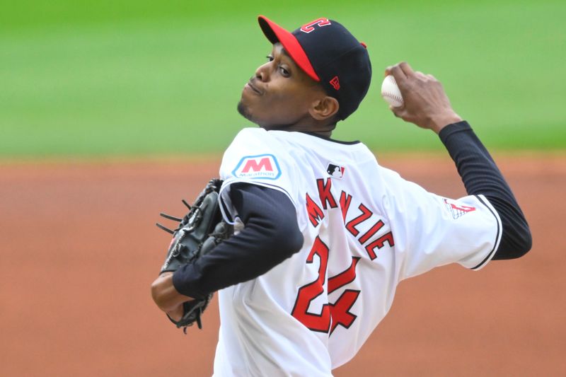 May 6, 2024; Cleveland, Ohio, USA; Cleveland Guardians starting pitcher Triston McKenzie (24) delivers a pitch in the first inning against the Detroit Tigers at Progressive Field. Mandatory Credit: David Richard-USA TODAY Sports