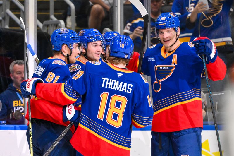 Mar 10, 2026; St. Louis, Missouri, USA; St. Louis Blues right wing Jimmy Snuggerud (21) is congratulated by teammates after scoring against the New York Islanders during the second period at Enterprise Center. Mandatory Credit: Jeff Curry-Imagn Images