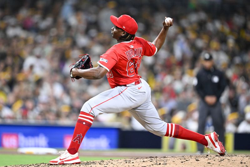 May 14, 2025; San Diego, California, USA; Los Angeles Angels relief pitcher Jose Fermin (68) during the eighth inning against the San Diego Padres at Petco Park. Mandatory Credit: Denis Poroy-Imagn Images