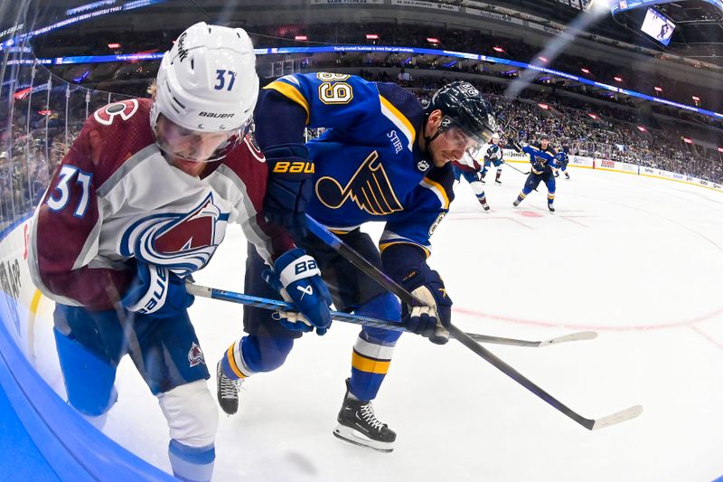 Mar 19, 2024; St. Louis, Missouri, USA;  Colorado Avalanche center Casey Mittelstadt (37) and St. Louis Blues left wing Pavel Buchnevich (89) battle for the puck during the second period at Enterprise Center. Mandatory Credit: Jeff Curry-USA TODAY Sports