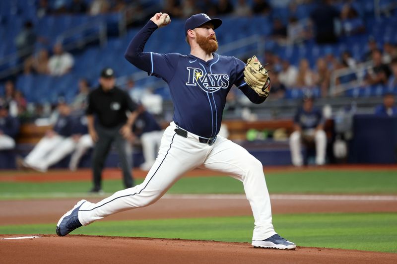 Jun 25, 2024; St. Petersburg, Florida, USA; Tampa Bay Rays pitcher Zack Littell (52) pitches against the Seattle Mariners during the first inning at Tropicana Field. Mandatory Credit: Kim Klement Neitzel-USA TODAY Sports