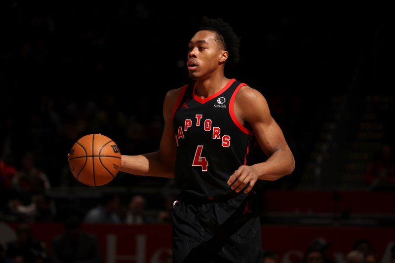 WASHINGTON, DC -?JANUARY 29: Scottie Barnes #4 of the Toronto Raptors looks on during the game against the Washington Wizards on January 29, 2025 at Capital One Arena in Washington, DC. NOTE TO USER: User expressly acknowledges and agrees that, by downloading and or using this Photograph, user is consenting to the terms and conditions of the Getty Images License Agreement. Mandatory Copyright Notice: Copyright 2025 NBAE (Photo by Stephen Gosling/NBAE via Getty Images)