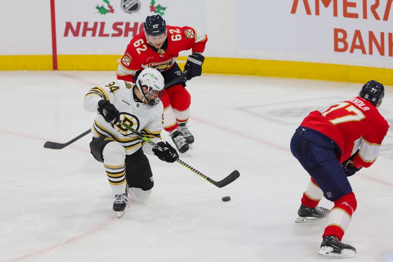 Nov 22, 2023; Sunrise, Florida, USA; Boston Bruins center Jakub Lauko (94) shoots the puck against the Florida Panthers during the third period at Amerant Bank Arena. Mandatory Credit: Sam Navarro-USA TODAY Sports