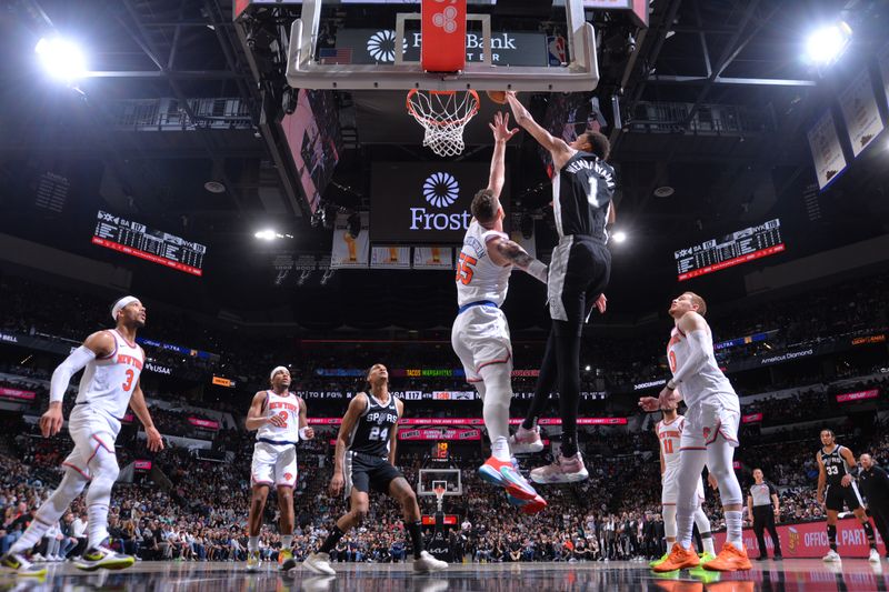 SAN ANTONIO, TX - MARCH 29: Victor Wembanyama #1 of the San Antonio Spurs drives to the basket during the game against the New York Knicks on March 29, 2024 at the Frost Bank Center in San Antonio, Texas. NOTE TO USER: User expressly acknowledges and agrees that, by downloading and or using this photograph, user is consenting to the terms and conditions of the Getty Images License Agreement. Mandatory Copyright Notice: Copyright 2024 NBAE (Photos by Michael Gonzales/NBAE via Getty Images)