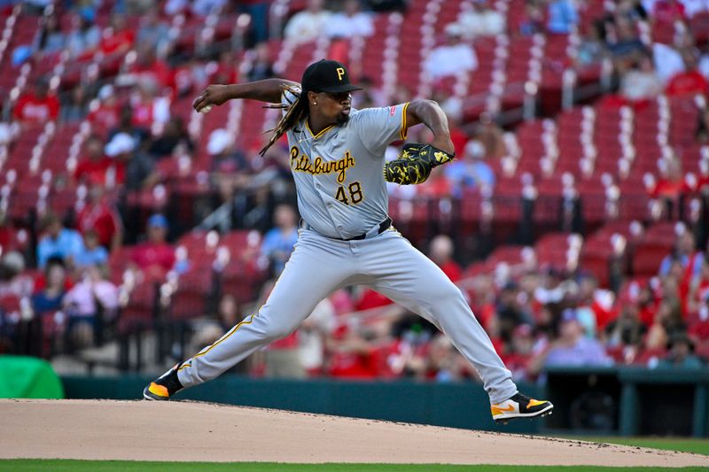 Sep 19, 2024; St. Louis, Missouri, USA;  Pittsburgh Pirates starting pitcher Luis Ortiz (48) pitches against the St. Louis Cardinals during the first inning at Busch Stadium. Mandatory Credit: Jeff Curry-Imagn Images