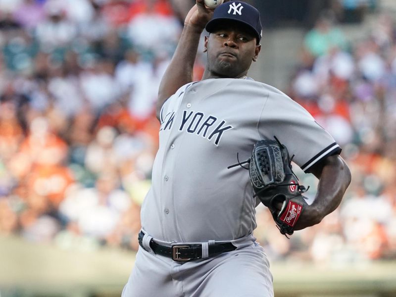 Jul 30, 2023; Baltimore, Maryland, USA; New York Yankees pitcher Luis Severino (40) delivers in the first inning against the Baltimore Orioles at Oriole Park at Camden Yards. Mandatory Credit: Mitch Stringer-USA TODAY Sports