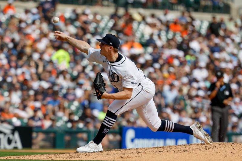 Sep 20, 2025; Detroit, Michigan, USA;  Detroit Tigers pitcher Troy Melton (52) pitches in the seventh inning against the Atlanta Braves at Comerica Park. Mandatory Credit: Rick Osentoski-Imagn Images