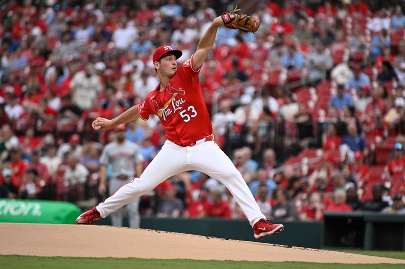 Jun 28, 2024; St. Louis, Missouri, USA; St. Louis Cardinals pitcher Andre Pallante (53) throws against the Cincinnati Reds during the first inning at Busch Stadium. Mandatory Credit: Jeff Le-USA TODAY Sports