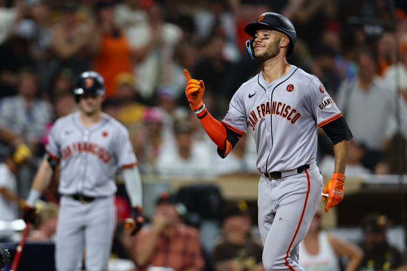 Sep 7, 2024; San Diego, California, USA; San Francisco Giants center fielder Grant McCray (58) runs the bases after hitting a two run home run against the San Diego Padres during the ninth inning at Petco Park. Mandatory Credit: Chadd Cady-Imagn Images