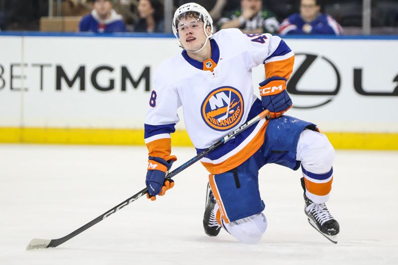 Sep 26, 2023; New York, New York, USA;  New York Islanders forward Matthew Maggio (48) attempts to get up after an injury in the first period against the New York Rangers at Madison Square Garden. Mandatory Credit: Wendell Cruz-USA TODAY Sports