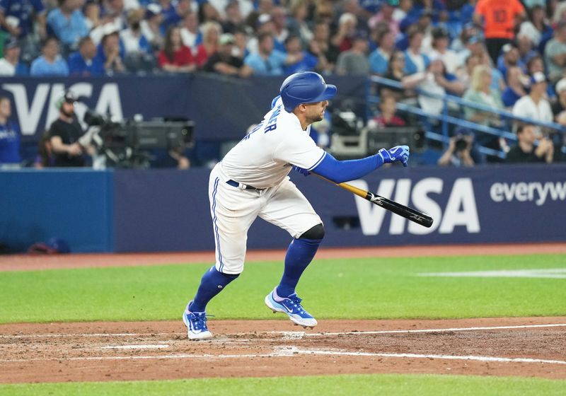Jun 28, 2023; Toronto, Ontario, CAN; Toronto Blue Jays right fielder George Springer (4) hits a single against the San Francisco Giants during the seventh inning at Rogers Centre. Mandatory Credit: Nick Turchiaro-USA TODAY Sports