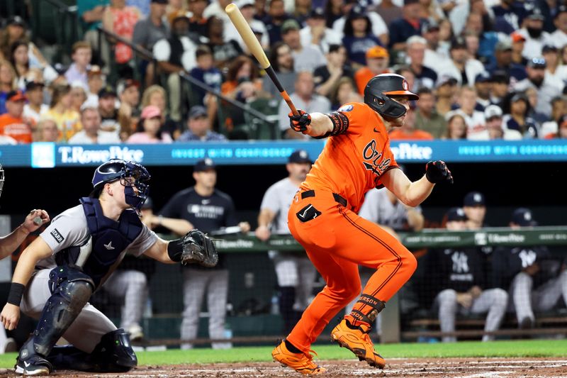 Sep 20, 2025; Baltimore, Maryland, USA; Baltimore Orioles shortstop Gunnar Henderson (2) hits a single during the first inning against the New York Yankees at Oriole Park at Camden Yards. Mandatory Credit: Daniel Kucin Jr.-Imagn Images