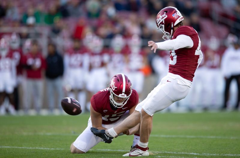 Nov 25, 2023; Stanford, California, USA; Stanford Cardinal kicker Joshua Karty (43) kicks a field goal against the Notre Dame Fighting Irish during the first quarter at Stanford Stadium. Mandatory Credit: D. Ross Cameron-USA TODAY Sports