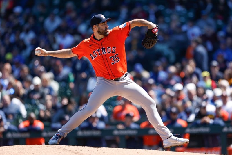 Apr 25, 2024; Chicago, Illinois, USA; Houston Astros starting pitcher Justin Verlander (35) delivers a pitch against the Chicago Cubs during the first inning at Wrigley Field. Mandatory Credit: Kamil Krzaczynski-USA TODAY Sports