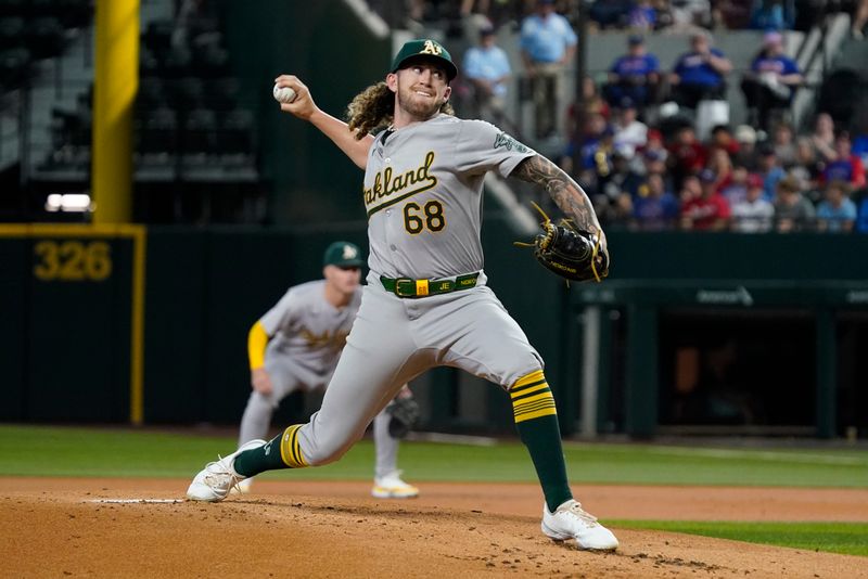 Aug 31, 2024; Arlington, Texas, USA; Oakland Athletics starting pitcher Joey Estes (68) throws to the plate during the first inning against the Texas Rangers at Globe Life Field. Mandatory Credit: Raymond Carlin III-USA TODAY Sports