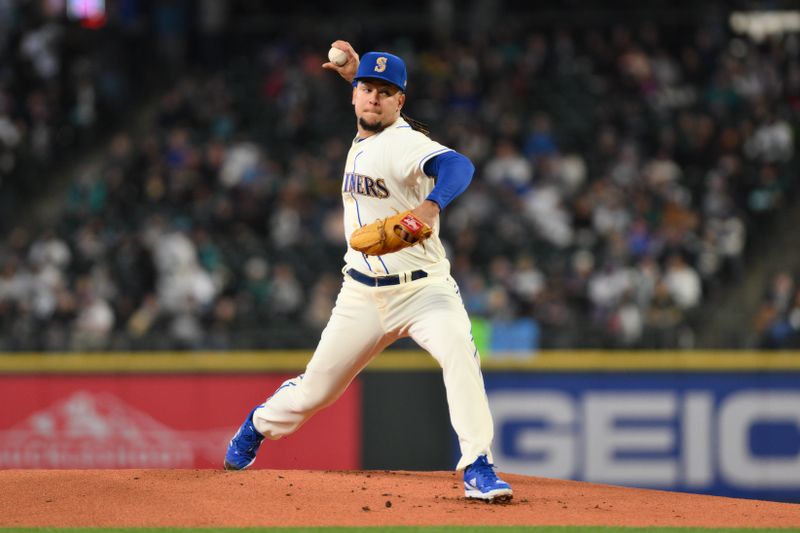 Apr 16, 2023; Seattle, Washington, USA; Seattle Mariners starting pitcher Luis Castillo (58) pitches to the Colorado Rockies during the first inning at T-Mobile Park. Mandatory Credit: Steven Bisig-USA TODAY Sports