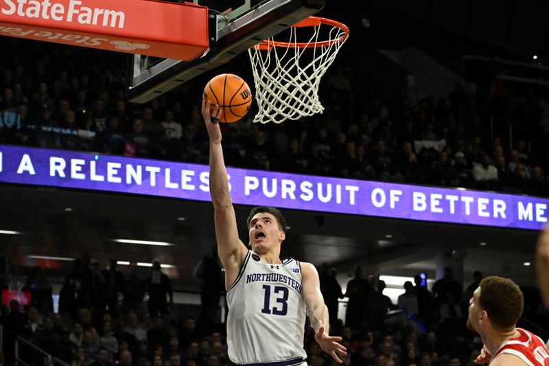 Jan 27, 2024; Evanston, Illinois, USA; Northwestern Wildcats guard Brooks Barnhizer (13) scores against Ohio State Buckeyes during the second half  at Welsh-Ryan Arena. Mandatory Credit: Matt Marton-USA TODAY Sports