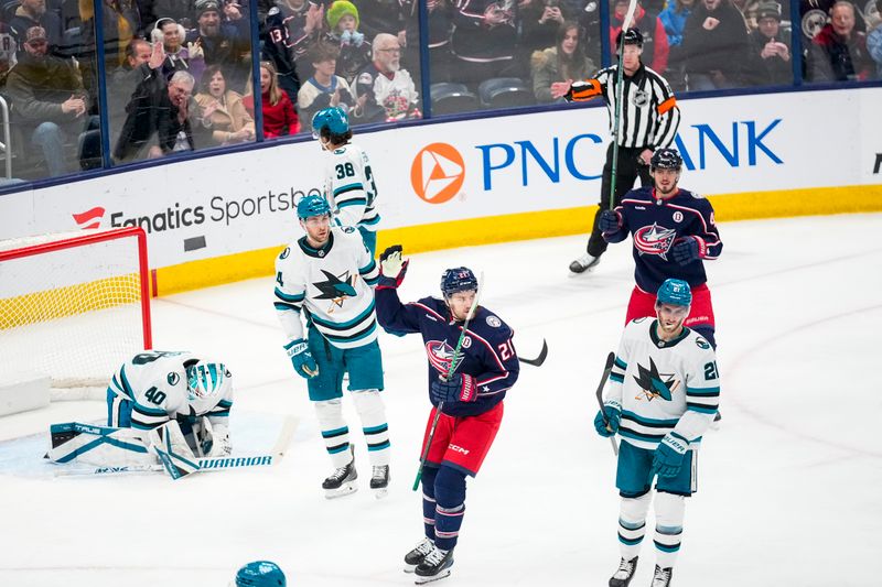 Jan 16, 2025; Columbus, Ohio, USA; Columbus Blue Jackets react after defenseman Damon Severson (78) scored a goal in the second period at Nationwide Arena on Thursday, Jan. 16, 2025 in Columbus, Ohio.   Mandatory Credit: Samantha Madar/USA TODAY Network via Imagn Images 