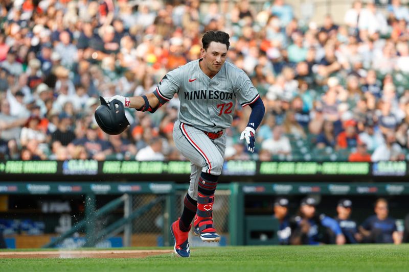 Jul 26, 2024; Detroit, Michigan, USA; Minnesota Twins third baseman Brooks Lee (72) runs to first base after hitting a single during the second inning of the game against the Detroit Tigers at Comerica Park. Mandatory Credit: Brian Bradshaw Sevald-USA TODAY Sports