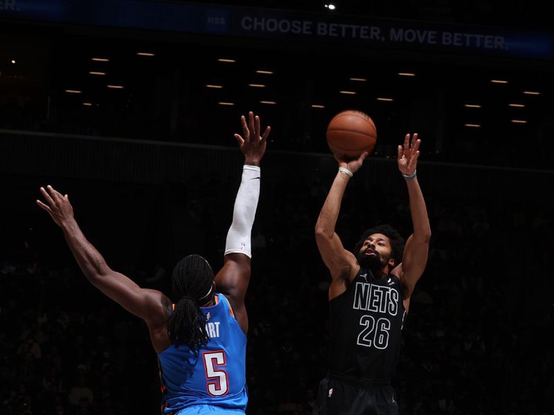 BROOKLYN, NY - JANUARY 5: Spencer Dinwiddie #26 of the Brooklyn Nets shoots a three point basket during the game  on January 5, 2024 at Barclays Center in Brooklyn, New York. NOTE TO USER: User expressly acknowledges and agrees that, by downloading and or using this Photograph, user is consenting to the terms and conditions of the Getty Images License Agreement. Mandatory Copyright Notice: Copyright 2024 NBAE (Photo by Nathaniel S. Butler/NBAE via Getty Images)