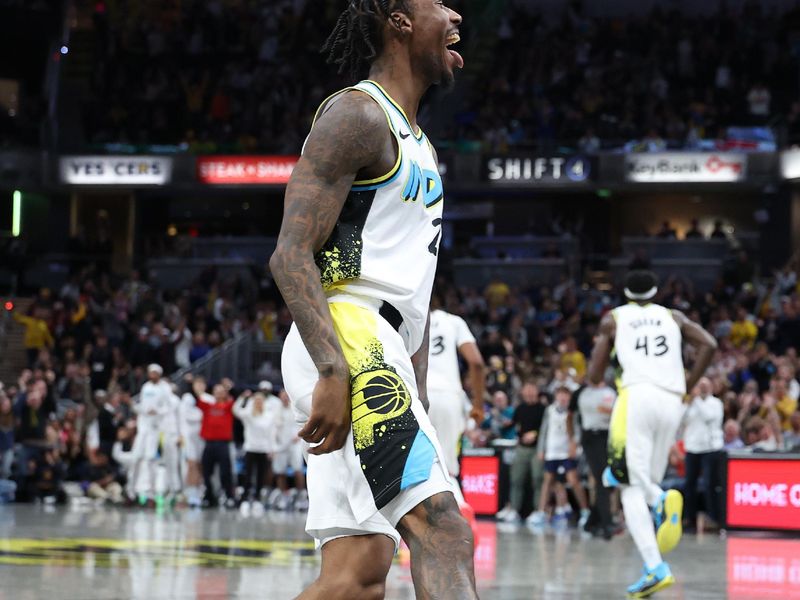 INDIANAPOLIS, INDIANA - NOVEMBER 27: Quenton Jackson #29  of the Indiana Pacers celebrates against the Portland Trailblazers at Gainbridge Fieldhouse on November 27, 2024 in Indianapolis, Indiana.<p><br/></p>NOTE TO USER: User expressly acknowledges and agrees that, by downloading and or using this photograph, User is consenting to the terms and conditions of the Getty Images License Agreement. (Photo by Andy Lyons/Getty Images)