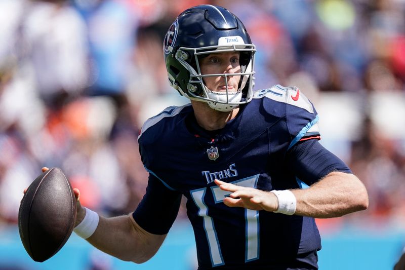 Tennessee Titans quarterback Ryan Tannehill (17) passes in the pocket against the Cincinnati Bengals during the first half of an NFL football game, Sunday, Oct. 1, 2023, in Nashville, Tenn. (AP Photo/George Walker IV)