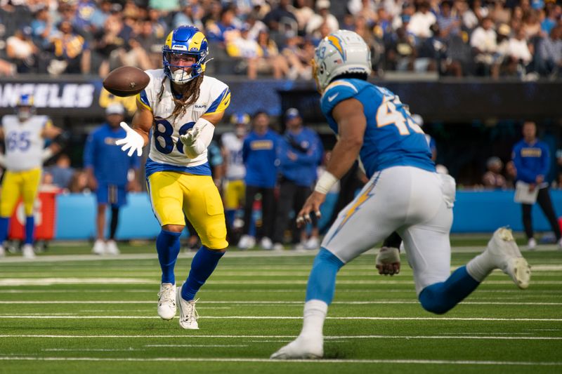 Los Angeles Rams wide receiver Jordan Whittington (88) catches the ball during an NFL preseason football game against the Los Angeles Chargers, Saturday, Aug. 17, 2024, in Inglewood, Calif. (AP Photo/Kyusung Gong)