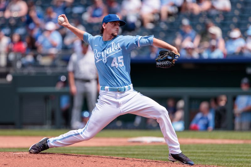 Jun 4, 2023; Kansas City, Missouri, USA; Kansas City Royals relief pitcher Taylor Clarke (45) pitches during the seventh inning against the Colorado Rockies at Kauffman Stadium. Mandatory Credit: William Purnell-USA TODAY Sports