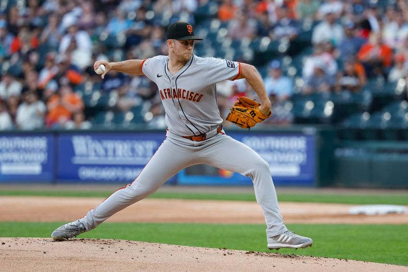 Jun 27, 2025; Chicago, Illinois, USA; San Francisco Giants starting pitcher Landen Roupp (65) delivers a pitch against the Chicago White Sox during the first inning at Rate Field. Mandatory Credit: Kamil Krzaczynski-Imagn Images