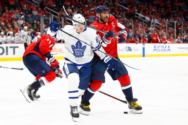 Mar 20, 2024; Washington, District of Columbia, USA; Washington Capitals left wing Alex Ovechkin (8) battles for the puck with Toronto Maple Leafs center David Kampf (64) during the third period at Capital One Arena. Mandatory Credit: Amber Searls-USA TODAY Sports