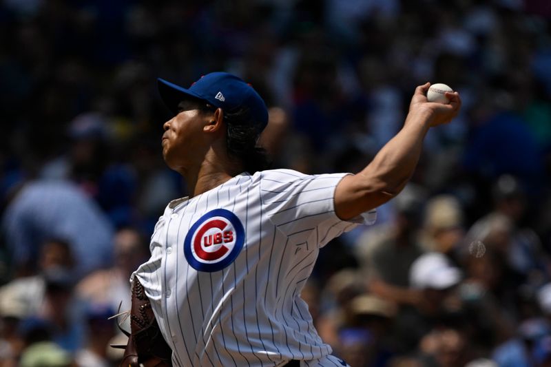 Jul 21, 2024; Chicago, Illinois, USA;  Chicago Cubs pitcher Shota Imanaga (18) delivers against the Arizona Diamondbacks during the fifth inning at Wrigley Field. Mandatory Credit: Matt Marton-USA TODAY Sports