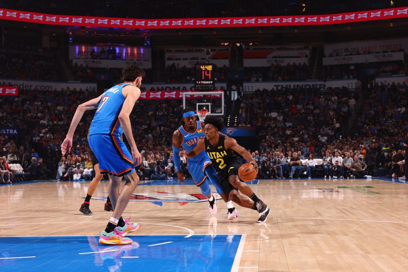 OKLAHOMA CITY, OK - MARCH 20:  Colin Sexton #2 of the Utah Jazz dribbles the ball during the game against the Oklahoma City Thunder on March 20, 2024 at Paycom Arena in Oklahoma City, Oklahoma. NOTE TO USER: User expressly acknowledges and agrees that, by downloading and or using this photograph, User is consenting to the terms and conditions of the Getty Images License Agreement. Mandatory Copyright Notice: Copyright 2024 NBAE (Photo by Zach Beeker/NBAE via Getty Images)