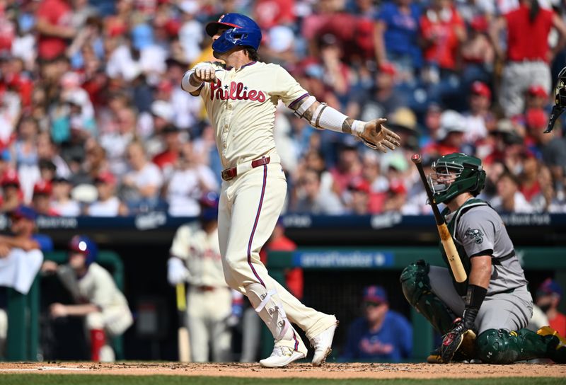 Jul 13, 2024; Philadelphia, Pennsylvania, USA; Philadelphia Phillies outfielder Nick Castellanos (8) hits a two-run home run against the Oakland Athletics in the second inning at Citizens Bank Park. Mandatory Credit: Kyle Ross-USA TODAY Sports