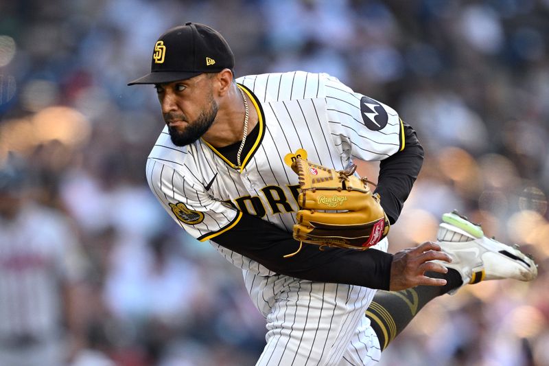 Jul 13, 2024; San Diego, California, USA; San Diego Padres relief pitcher Robert Suarez (75) pitches against the Atlanta Braves during the ninth inning at Petco Park. Mandatory Credit: Orlando Ramirez-USA TODAY Sports 