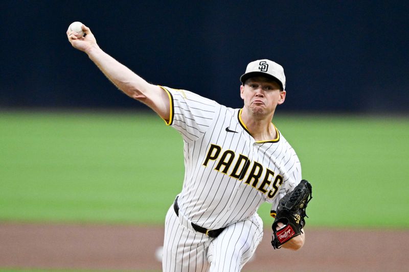 May 16, 2025; San Diego, California, USA; San Diego Padres pitcher Stephen Kolek (32) throws during first inning against the Seattle Mariners at Petco Park. Mandatory Credit: Denis Poroy-Imagn Images