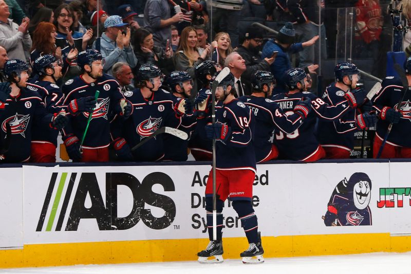 Feb 25, 2025; Columbus, Ohio, USA; Columbus Blue Jackets center Adam Fantilli (19) celebrates his goal against the Dallas Stars during the third period at Nationwide Arena. Mandatory Credit: Russell LaBounty-Imagn Images