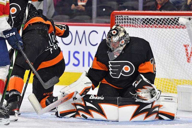 Oct 27, 2022; Philadelphia, Pennsylvania, USA; Philadelphia Flyers goaltender Carter Hart (79) makes a save against the Florida Panthers during the first period at Wells Fargo Center. Mandatory Credit: Eric Hartline-USA TODAY Sports