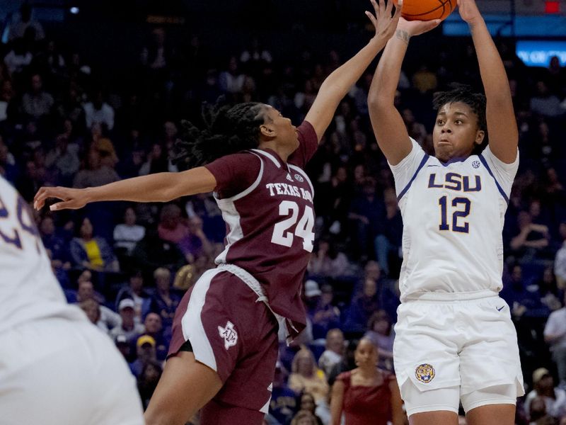 Jan 11, 2024; Baton Rouge, Louisiana, USA; LSU Lady Tigers guard Mikaylah Williams (12) shoots against Texas A&M Aggies guard Sahara Jones (24) during the second half at Pete Maravich Assembly Center. Mandatory Credit: Matthew Hinton-USA TODAY Sports